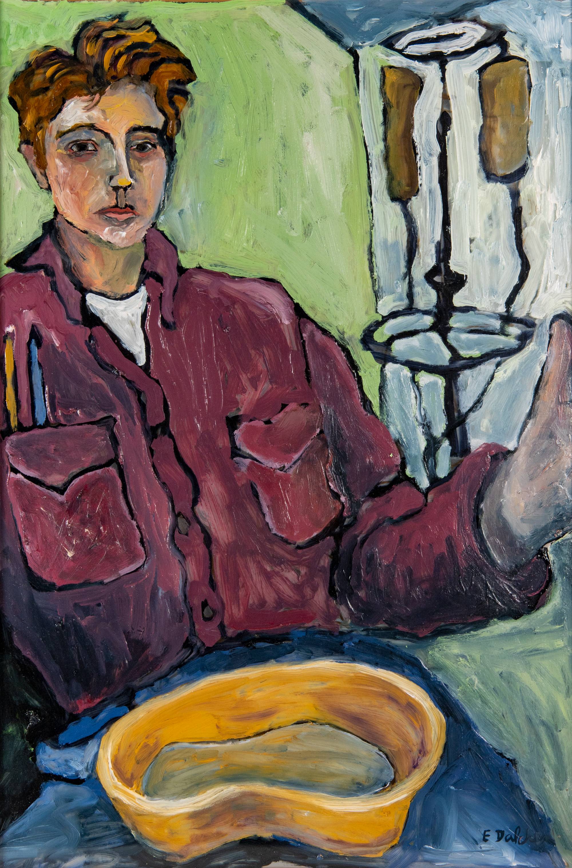 Painting of a person sitting in a chair connected to tubes and bags.